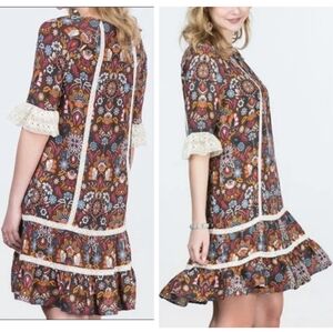 Matilda Jane Intermission Floral Dress Make Believe Lace Trim Brown Pockets